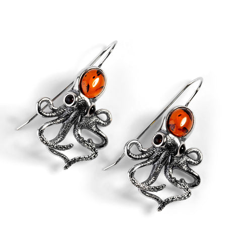 Statement Octopus Earring in Silver and Amber