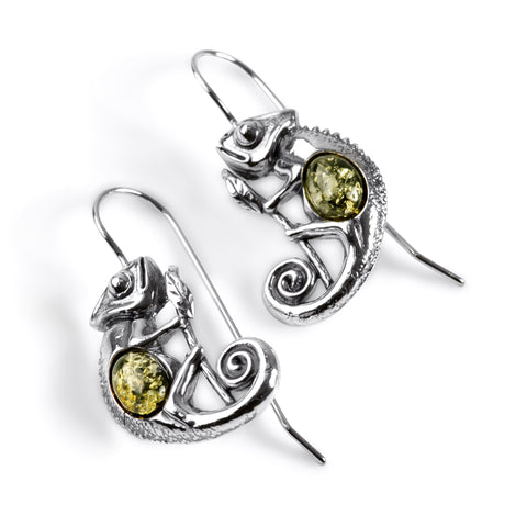 Chameleon on Branch Hook Earrings in Silver and Green Amber