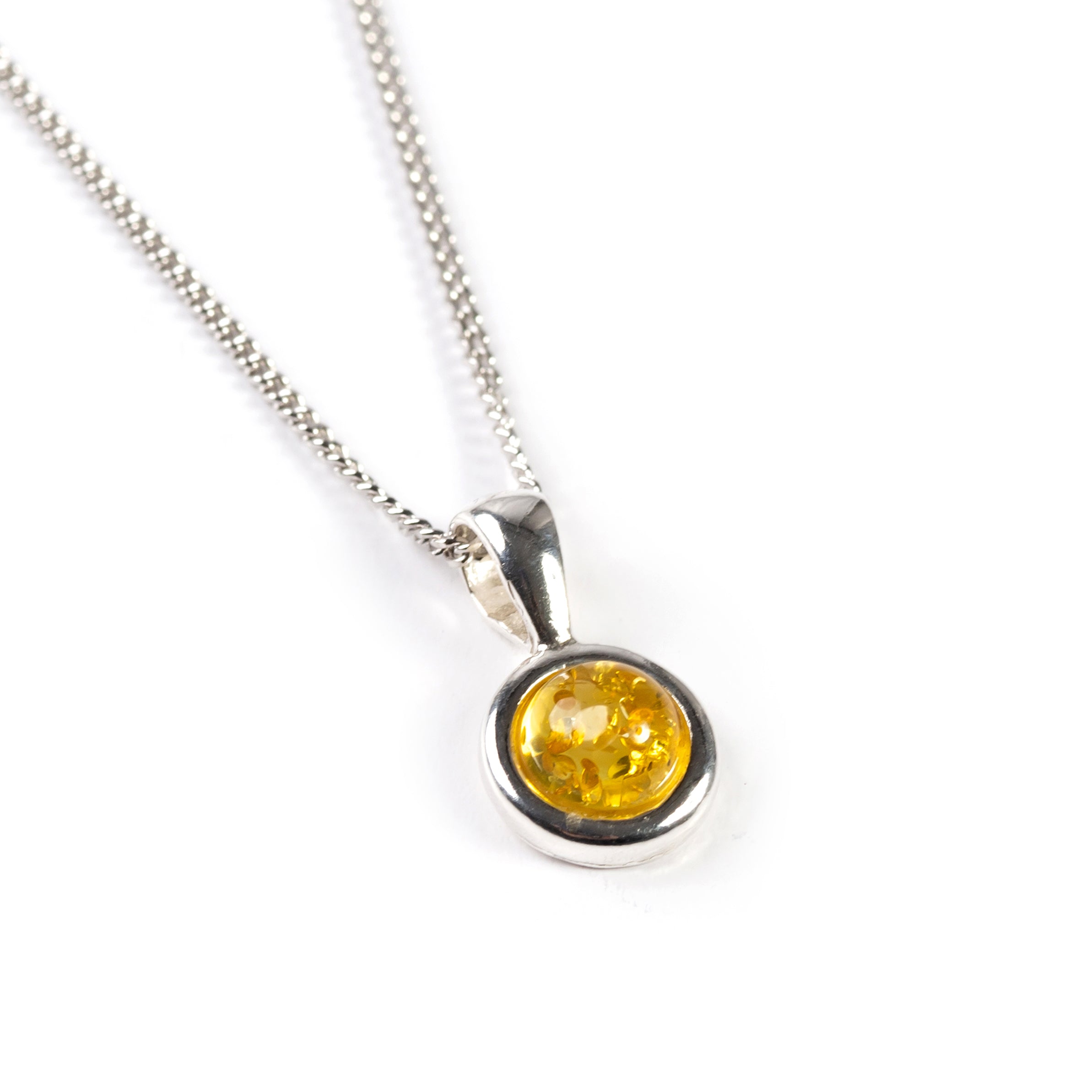 Round Charm Necklace in Silver and Green Amber