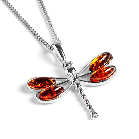 Dragonfly Necklace in Silver and Cognac Amber