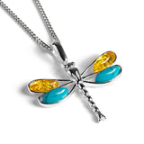 Dragonfly Necklace in Silver, Turquoise and Amber