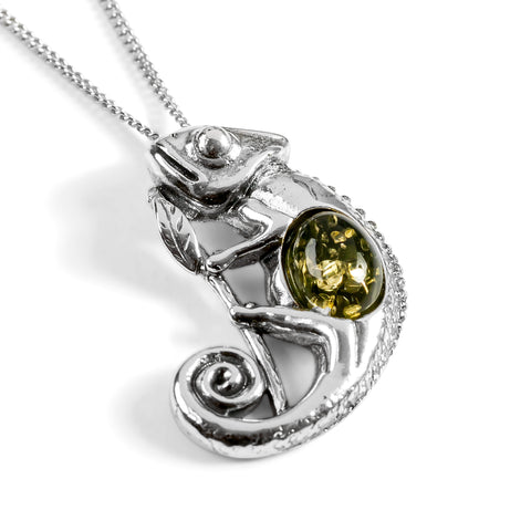 Climbing Chameleon Necklace in Silver and Green Amber