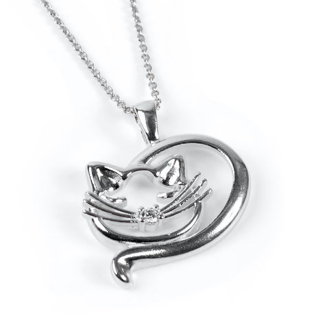 Sleeping Cat Necklace in Silver & Cubic Zirconia