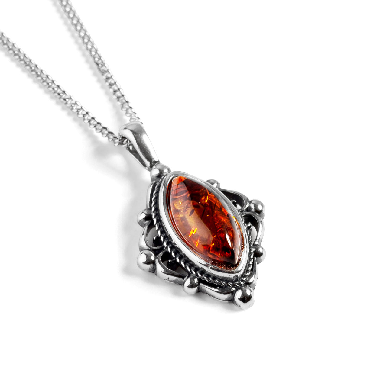 Vintage Style Necklace in Silver and Green Amber