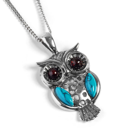 Wise Owl Necklace in Silver, Turquoise and Amber