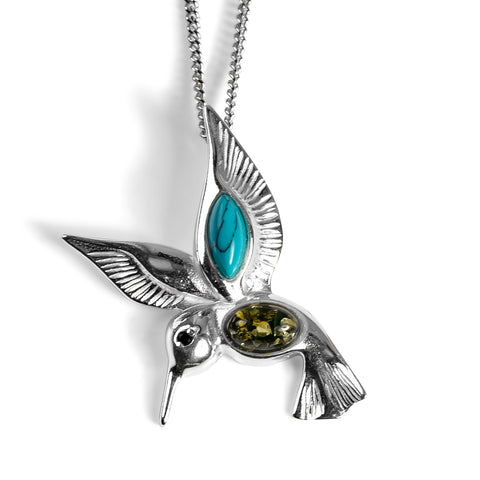 Hovering Hummingbird Necklace in Silver, Green Amber and Turquoise