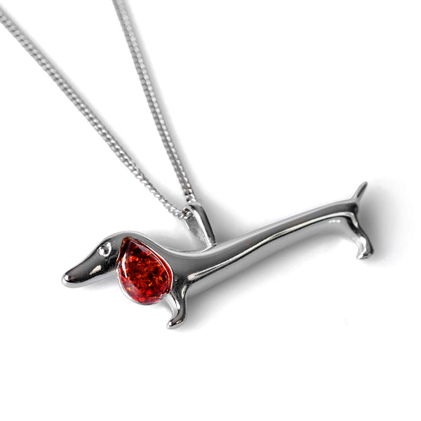 Sausage Dog Dachshund Necklace in Silver and Amber