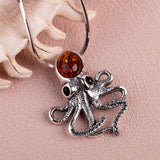 Statement Silver Octopus Necklace with Amber