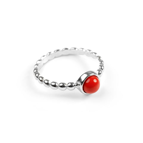 Round Charm Bead Ring in Silver and Coral