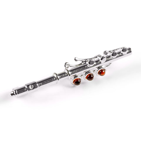Musical Flute / Piccolo Brooch in Silver and Amber