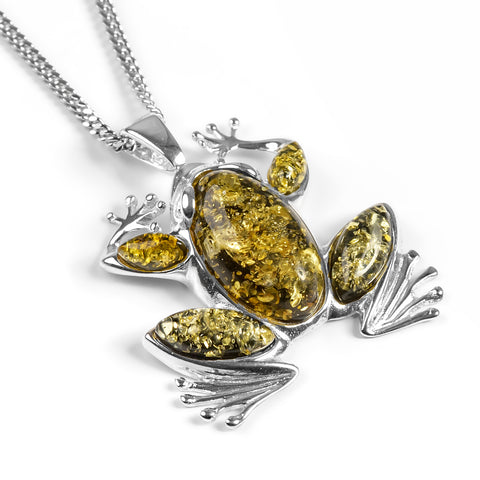Frog Necklace in Silver and Green Amber