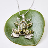 Frog Necklace in Silver and Green Amber
