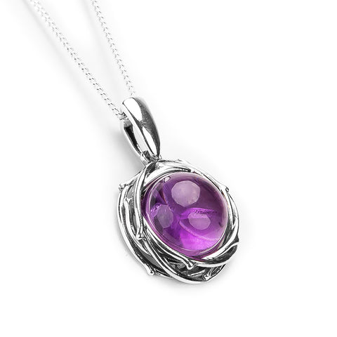 Rope Edge Round Necklace in Silver & Amethyst