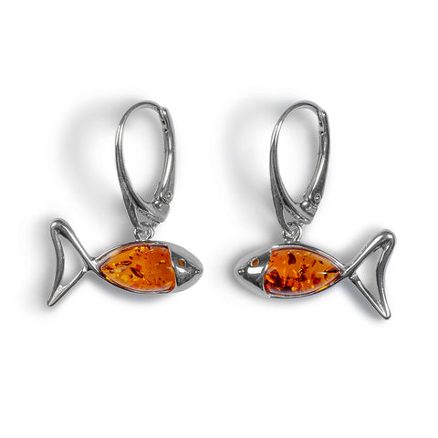 Little Fish / Ichthys Fish Earrings in Silver and Amber
