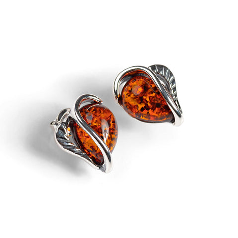 Cognac Amber Stud Earrings Set in Silver