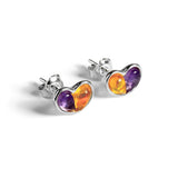 Heart Stud Earrings in Silver, Amethyst and Yellow Amber