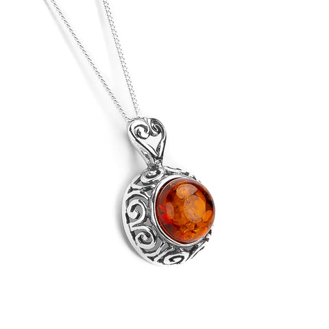 Vintage Inspired Round Necklace in Silver & Cognac Amber