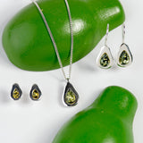 Avocado Drop Earrings in Silver and Green Amber
