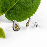 Avocado Stud Earrings in Silver and Green Amber