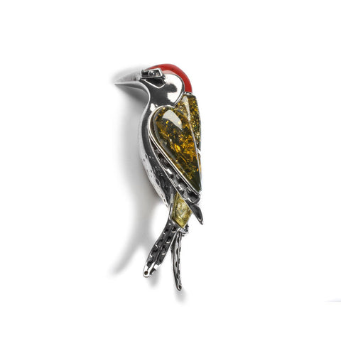 Small Green Woodpecker Bird Brooch in Silver, Coral and Amber