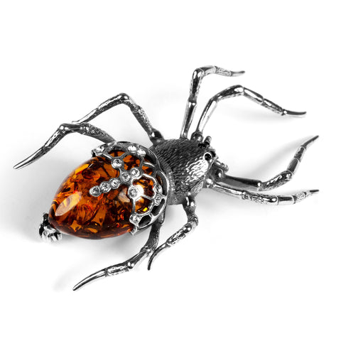 Spooky Spider Brooch in Silver and Cognac Amber