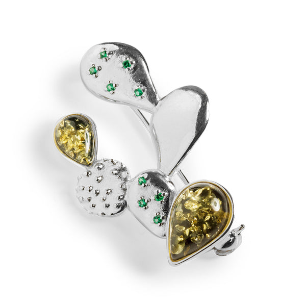 Cactus Brooch in Silver and Green Amber