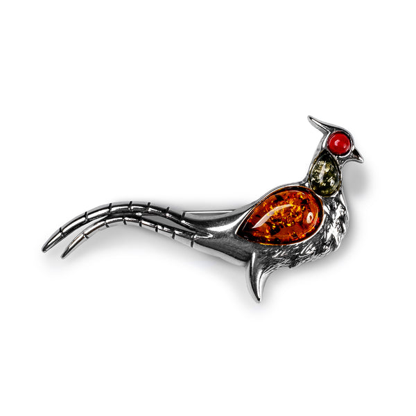 Pheasant Bird Brooch in Silver, Coral and Amber