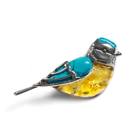 Blue Tit Brooch in Silver, Turquoise and Yellow Amber