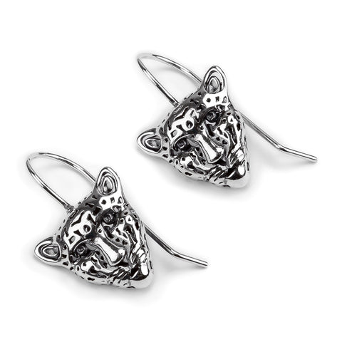 Miniature Leopard Head Hook Earrings in Silver