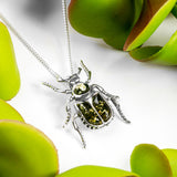 Noble Chafer Beetle Necklace in Silver and Green Amber
