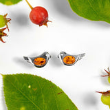 Bird Stud Earrings in Silver and Amber