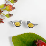 Bird Stud Earrings in Silver and  Yellow Amber
