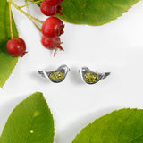 Bird Stud Earrings in Silver and Green Amber