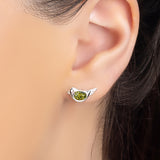 Bird Stud Earrings in Silver and Green Amber