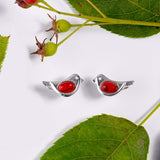 Tiny Bird Stud Earrings in Silver and Coral