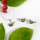 Cute Bird Necklace in Silver and Green Amber