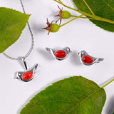 Tiny Bird Stud Earrings in Silver and Coral