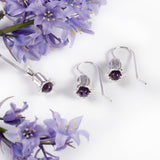 Bluebell Flower Hook Earrings in Silver and Amethyst
