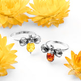 Bumble Bee Ring in Silver and Cognac Amber