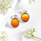 Burning Amber Oval Stud Earrings Silver and Amber
