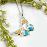 Large Butterfly Necklace in Silver, Turquoise and Amber