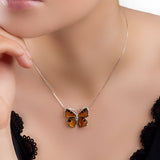 Peacock Butterfly Necklace in Silver and Amber