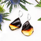 Abstract Butterfly Wing Drop Earrings in Silver and Amber