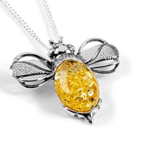 Large Bumble Bee Necklace in Silver and Amber