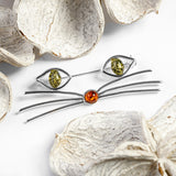 Statement Cat Face Brooch in Silver and Amber