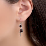 Black Cat Drop Earrings in Silver and Cherry Amber
