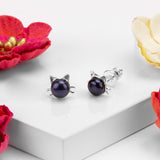 Cute Cat Face Stud Earrings in Silver and Black Pearl