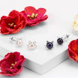 Cute Cat Face Stud Earrings in Silver and Black Pearl