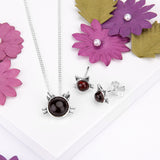 Cute Cat Face Necklace in Silver and Cherry Amber