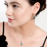 Chameleon on Branch Hook Earrings in Silver and Green Amber